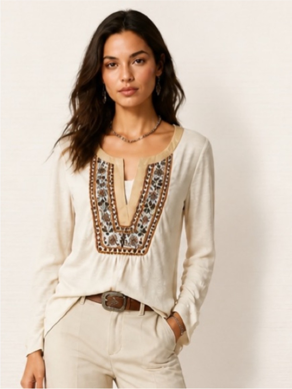 Anthropologie Meadow Rue Ivory Beaded V Neckline Blouse Top Medium